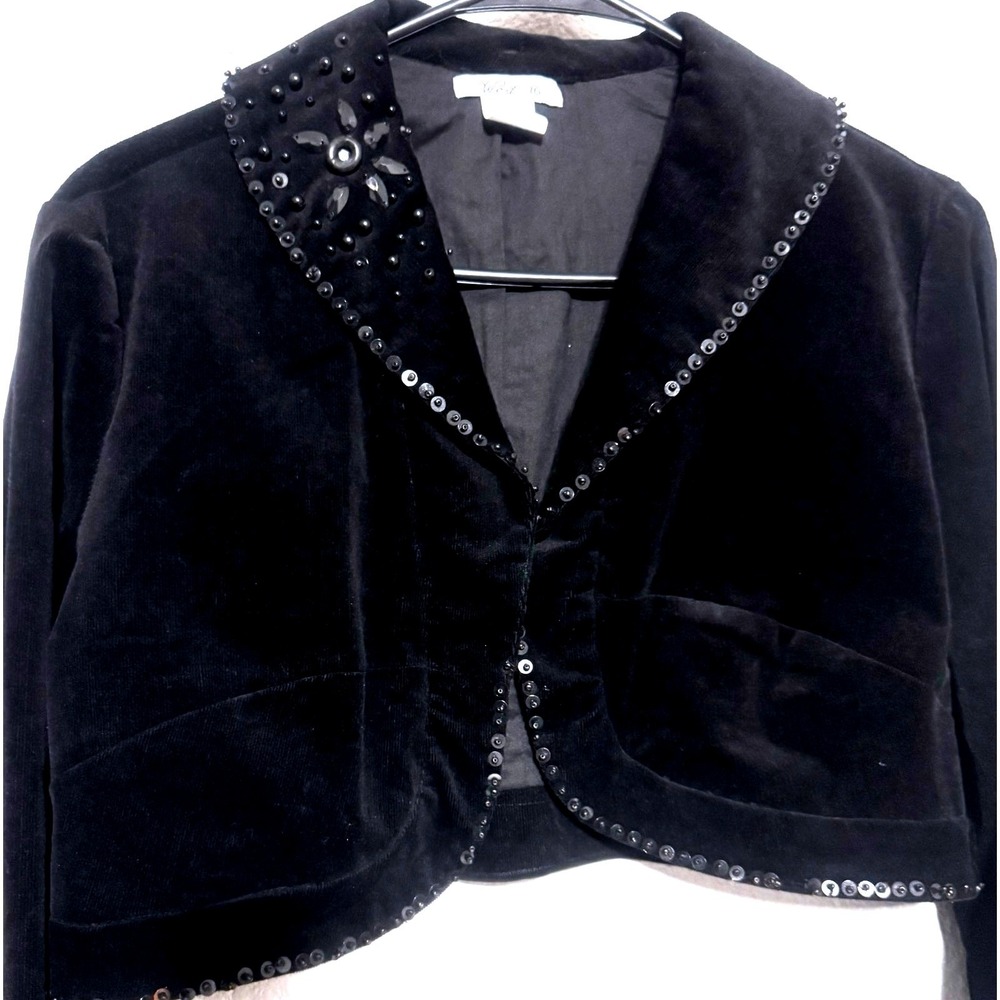 VTG Y2K West 36 Black Bolero Jacket‎ Sz Large Sequin Beaded Corduroy Crop Event